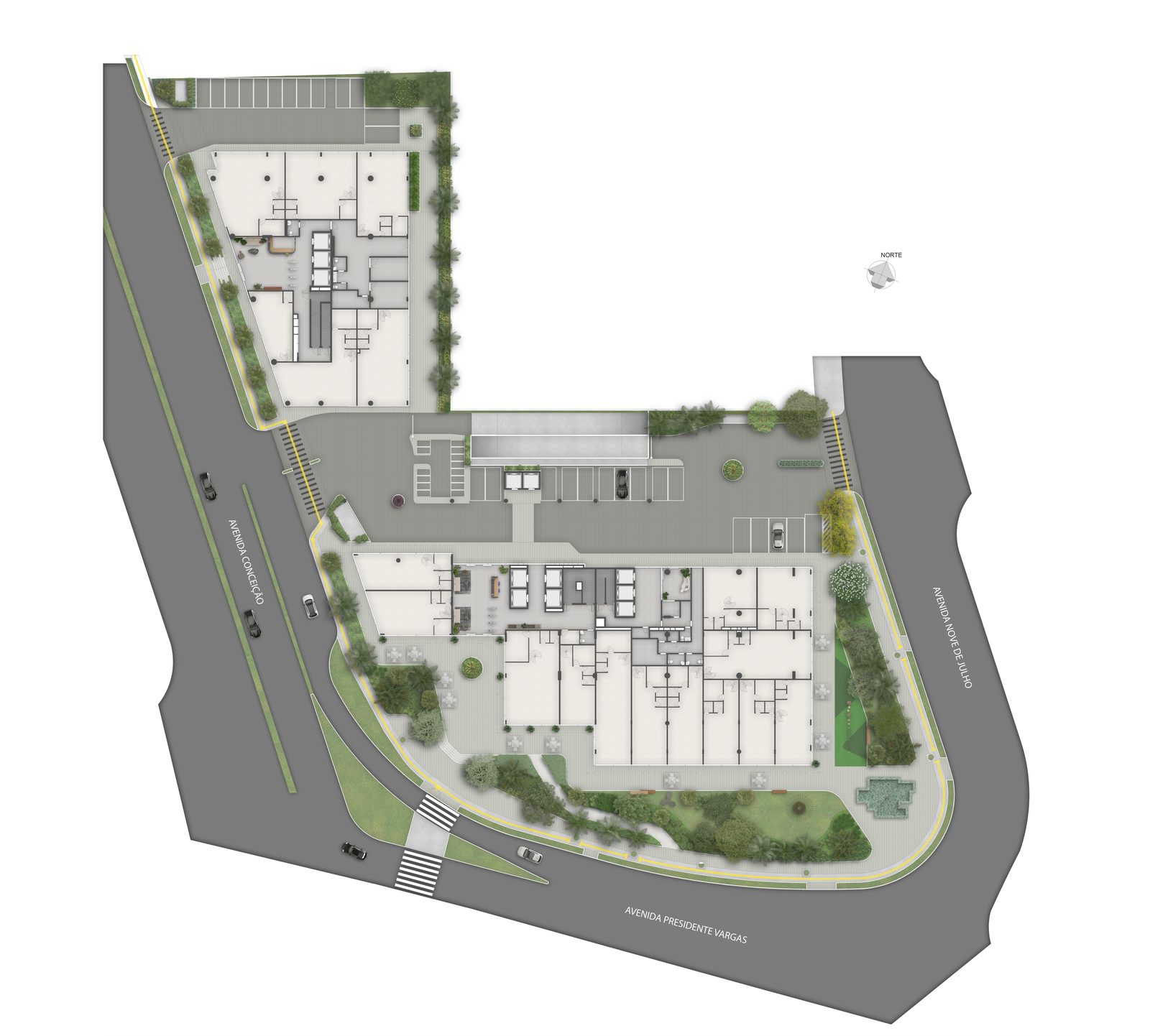 Implantação ilustrada do complexo 360 com as três torres e o mall
