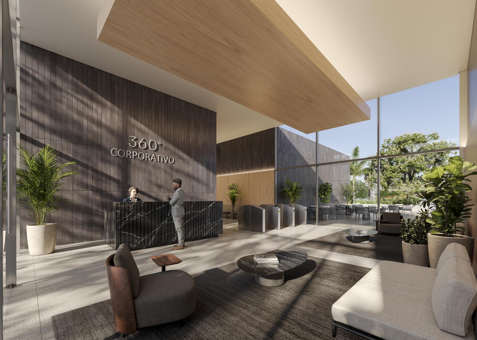 Perspectiva ilustrada do lobby da torre corporate