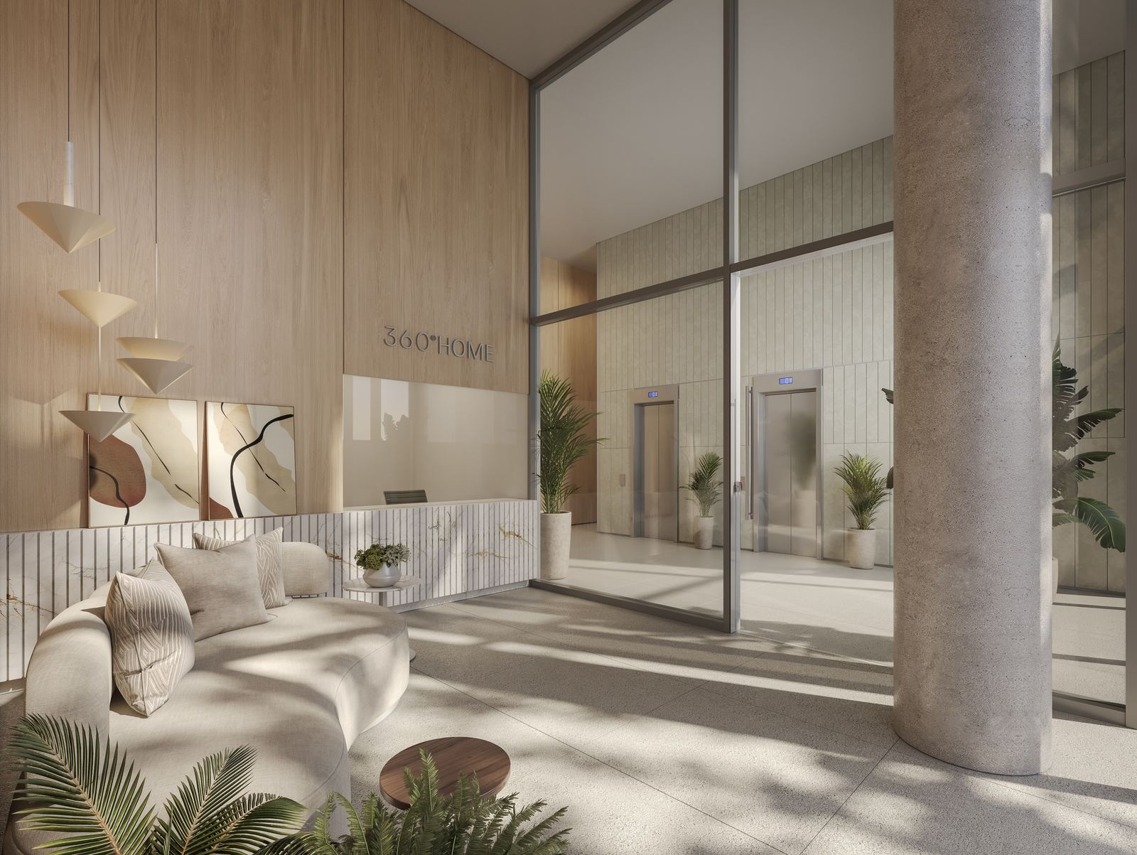 Perspectiva ilustrada do lobby da torre residencial