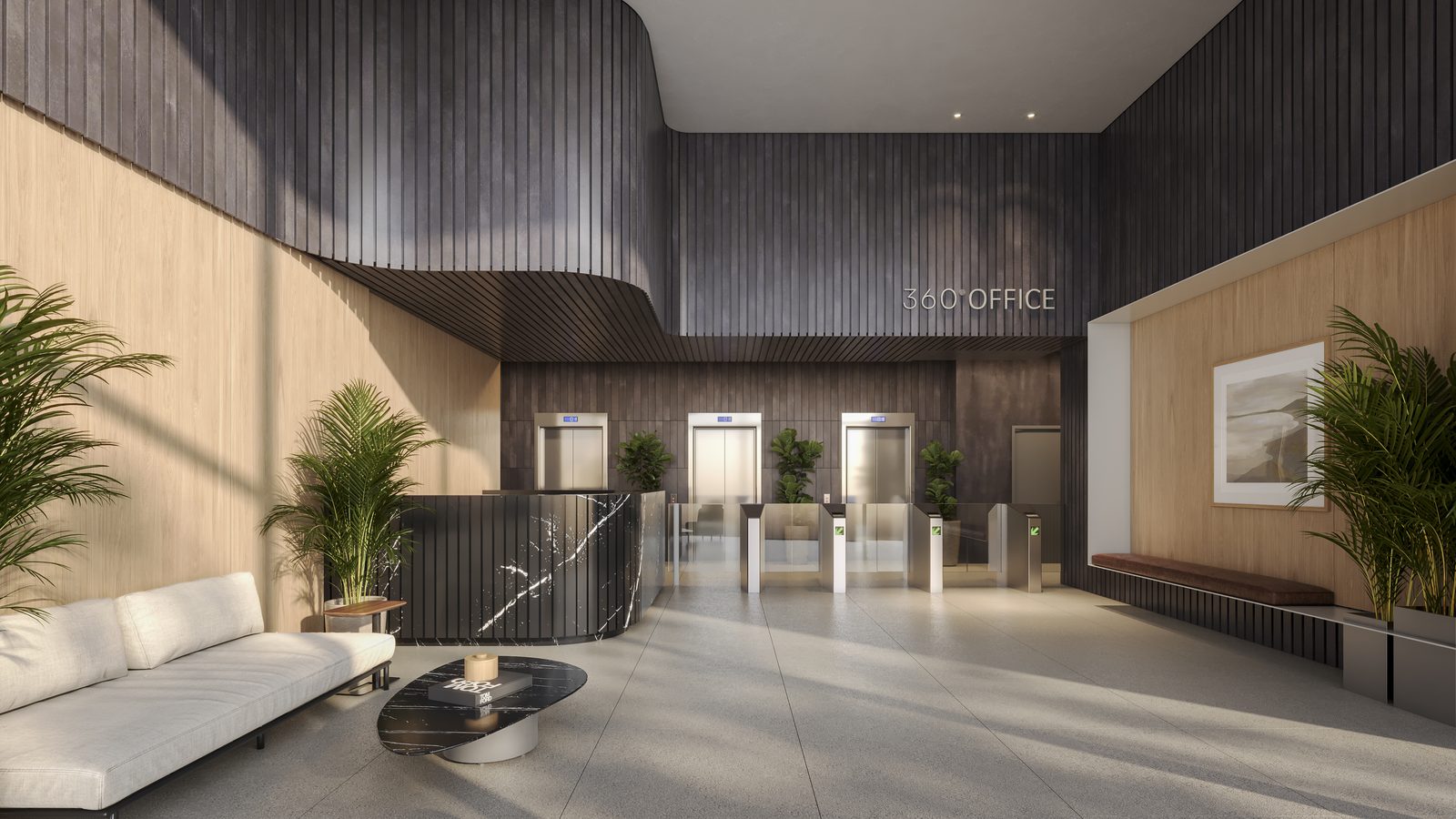 Perspectiva ilustrada do lobby da torre office