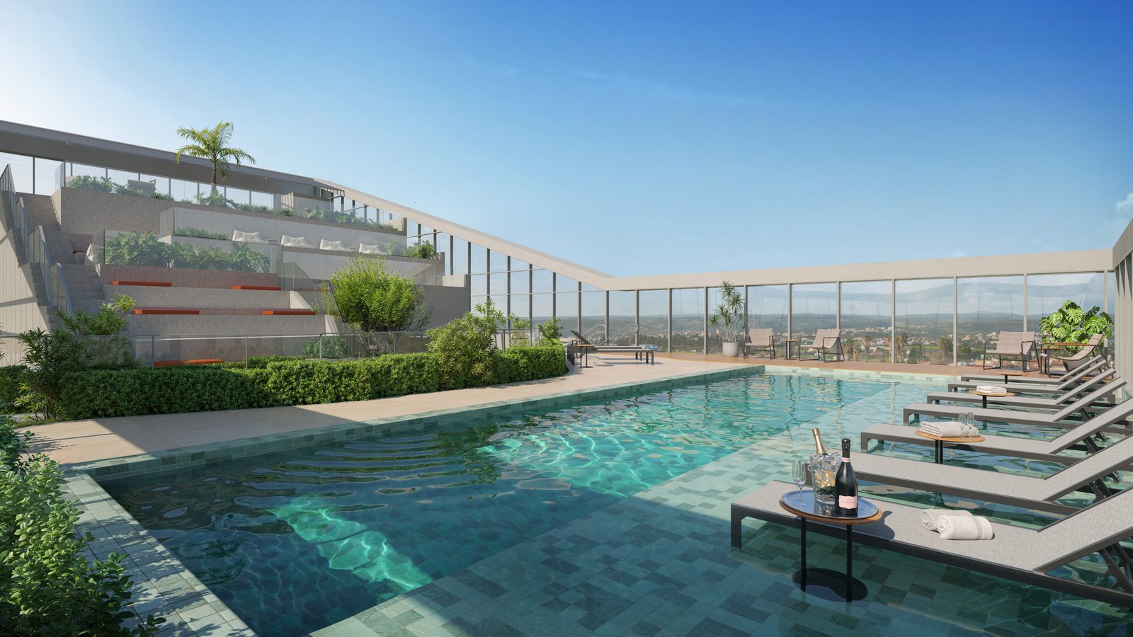 Perspectiva ilustrada da piscina no rooftop da torre residencial
