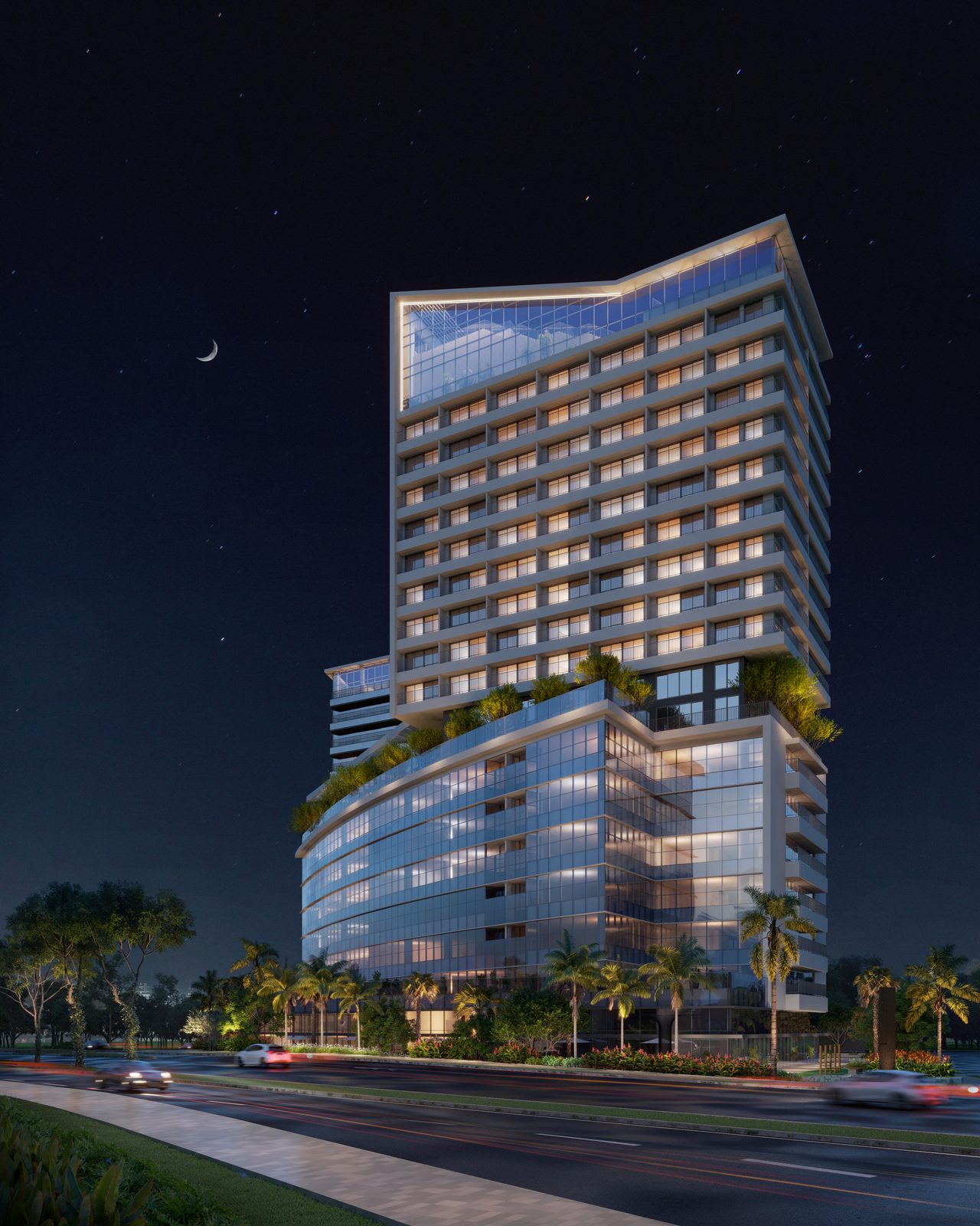 Perspectiva ilustrada da torre residencial iluminada à noite