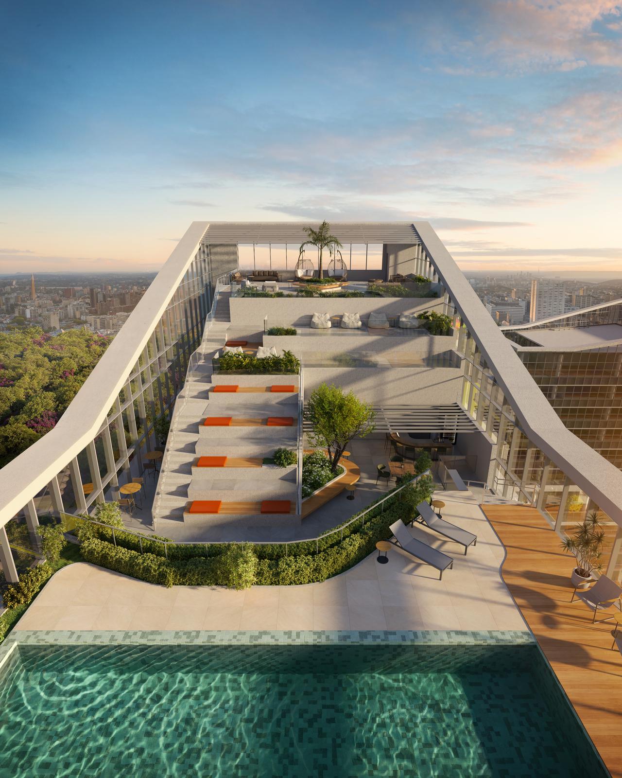 Perspectiva ilustrada do sky garden e do sky deck no alto da torre