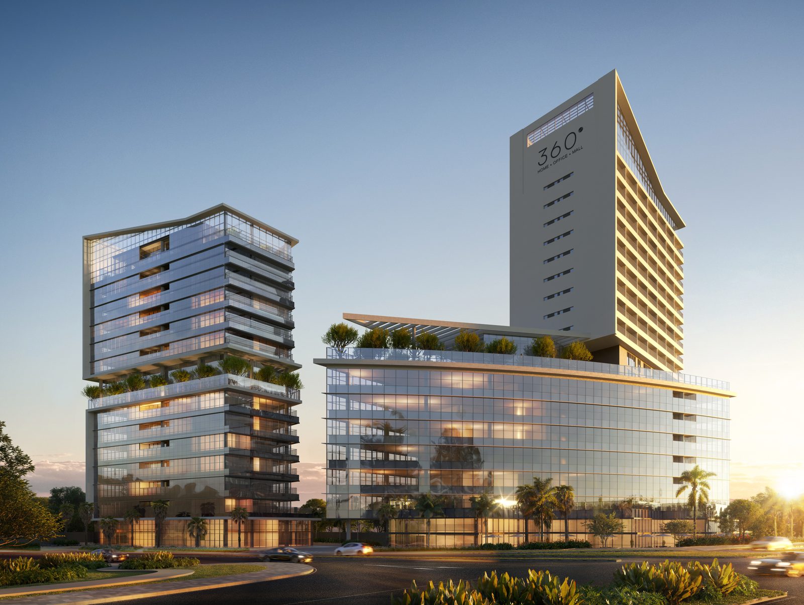 Perspectiva ilustrada das três torres do 360 Home Office Mall