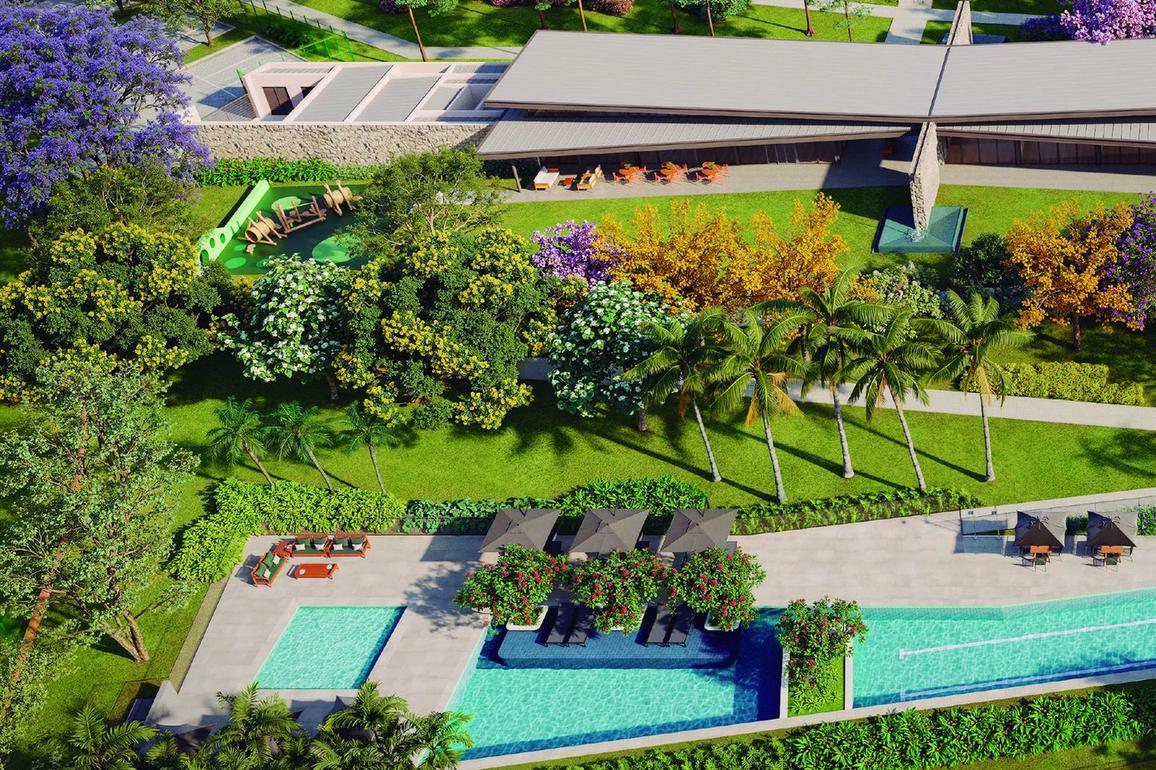 Perspectiva ilustrada aérea do clube do Alphaville Indaiatuba com piscinas e jardins