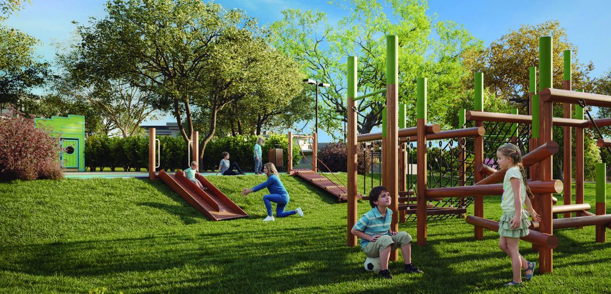 Perspectiva ilustrada do playground de madeira