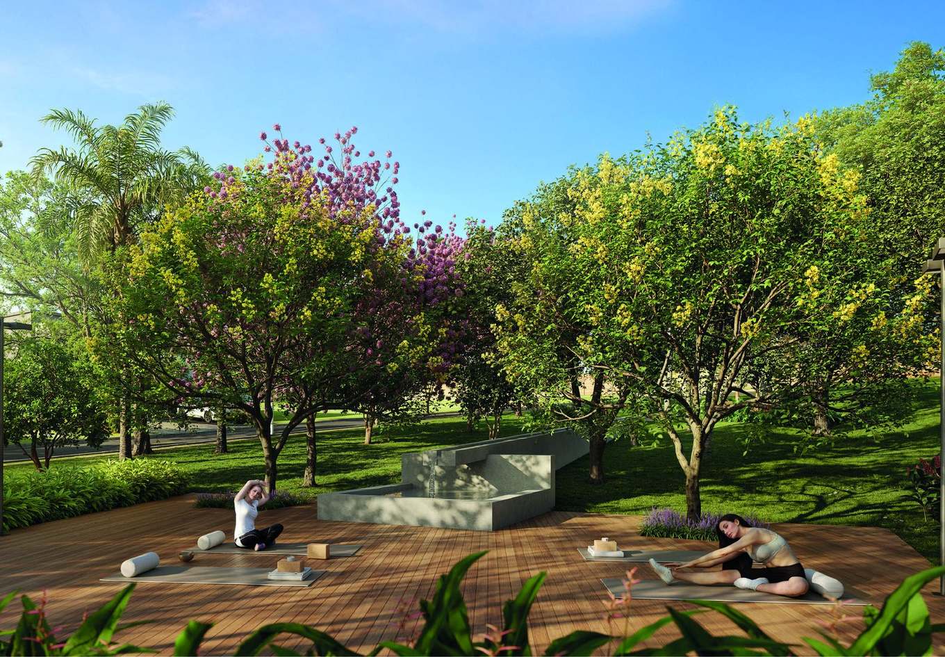 Perspectiva ilustrada de uma praça arborizada do condomínio