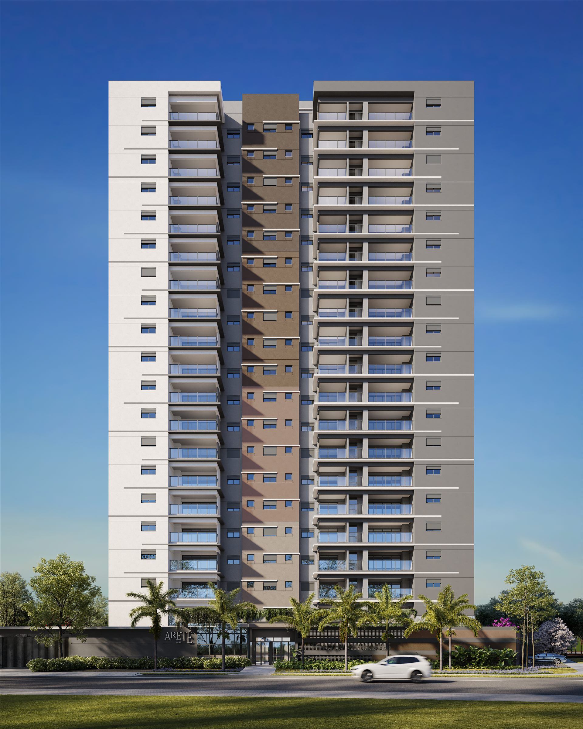 Fachada diurna do Areté Home Indaiatuba, torre única no Park Meraki
