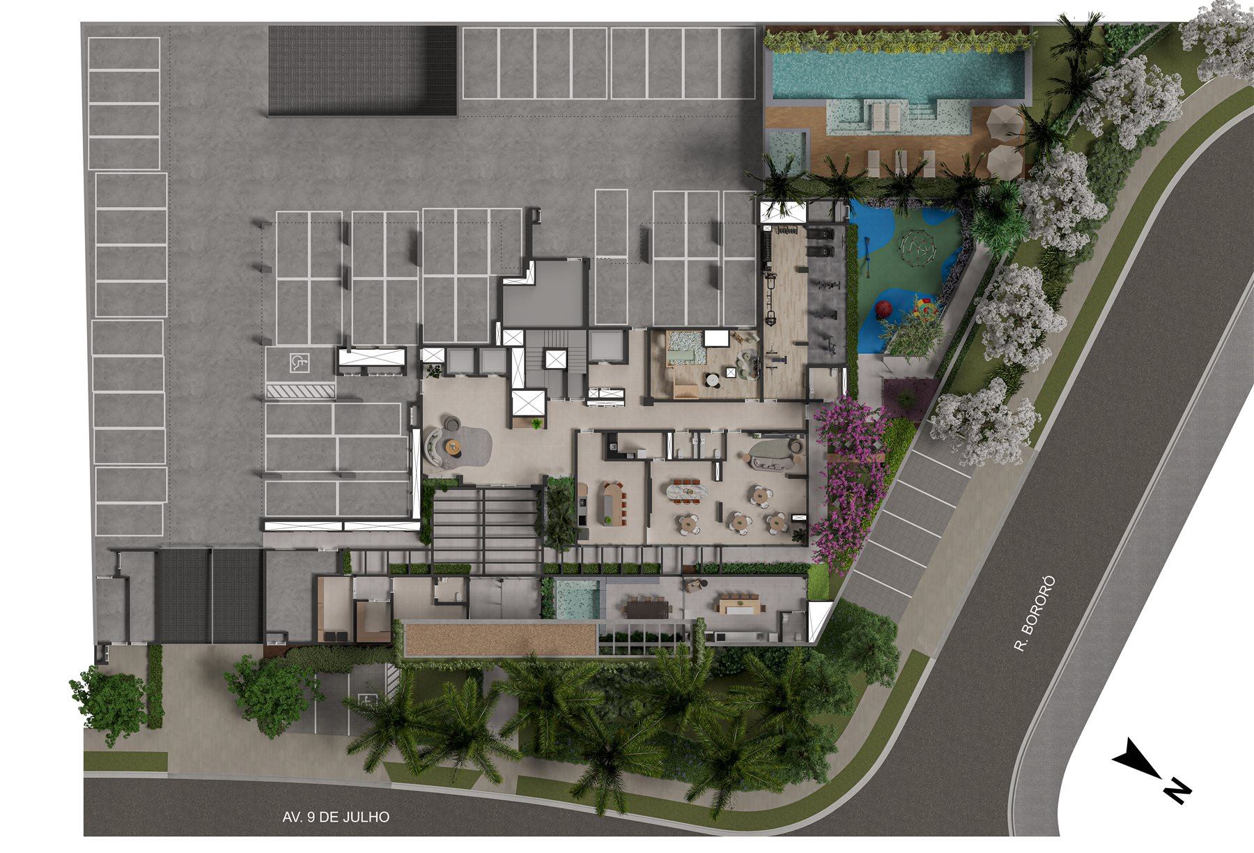 Implantação do Areté Home Indaiatuba, Av. 9 de Julho com Rua Bororó