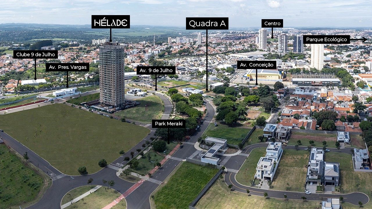 Mapa aéreo do Park Meraki mostrando a Quadra A do Areté Home, Hélade, Av. 9 de Julho, Av. Conceição e Parque Ecológico