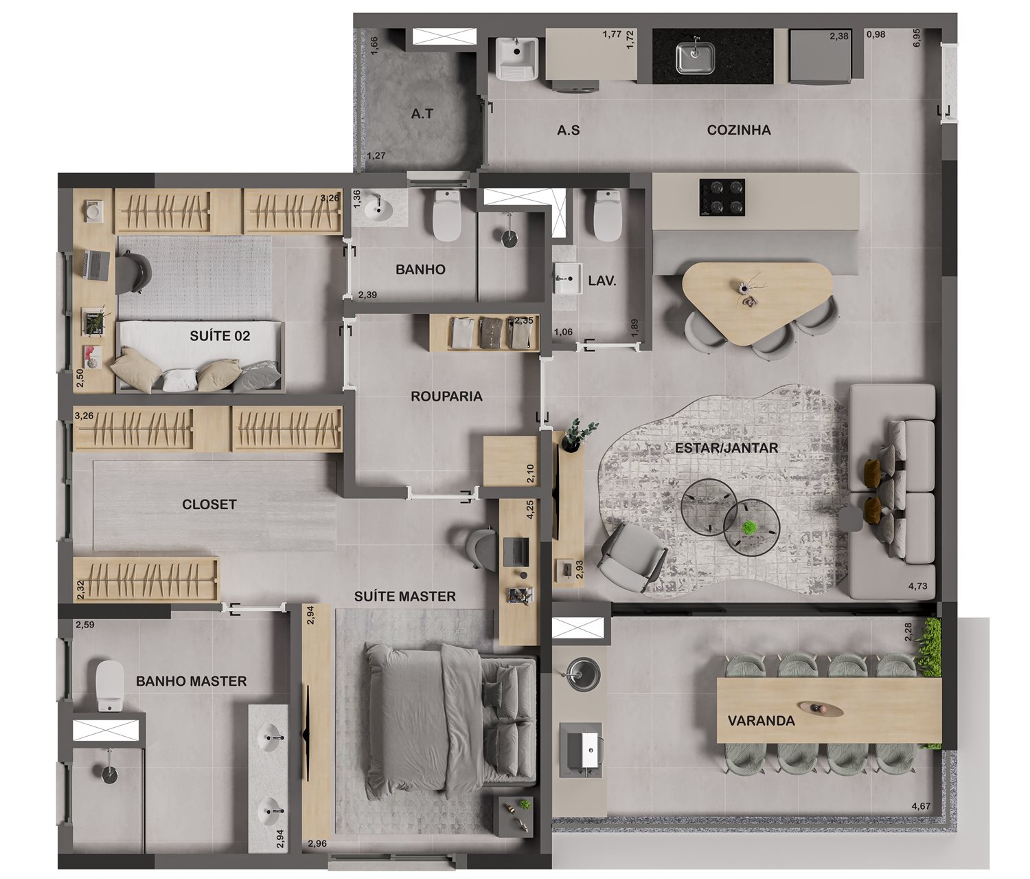 Planta tipo 2 suítes com closet do Areté Home Indaiatuba