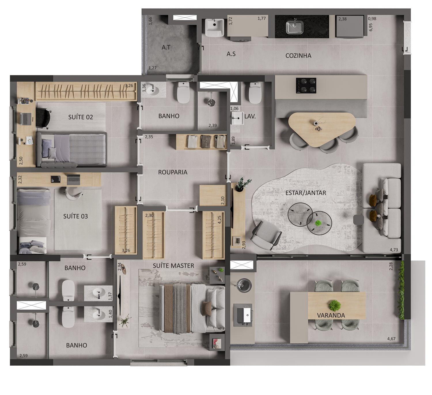Planta tipo 3 suítes do Areté Home Indaiatuba