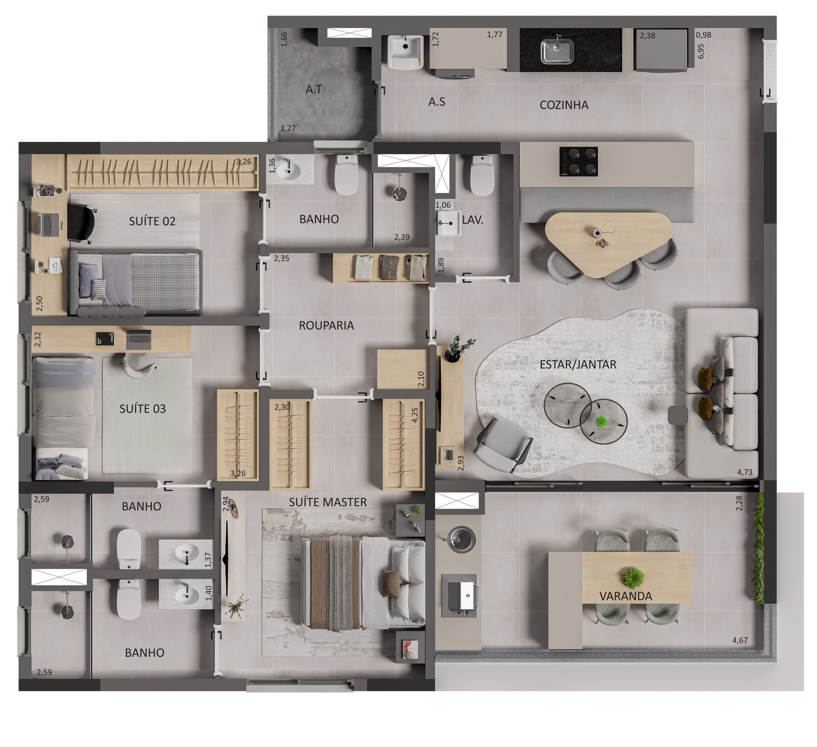 Planta tipo 1A do Areté Home Indaiatuba: 104,41 m² com 3 suítes, rouparia, lavabo e varanda — perspectiva ilustrativa Perplan