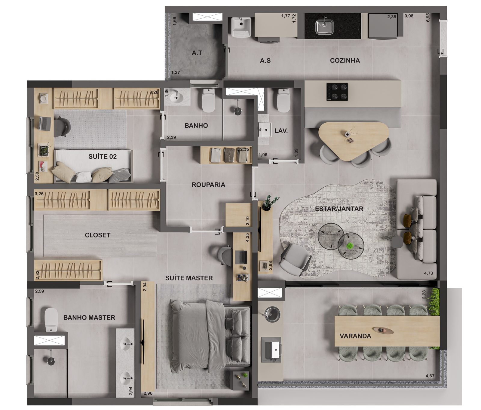 Planta tipo 2A do Areté Home Indaiatuba: 104,41 m² com 2 suítes, closet e banho master ampliado — perspectiva ilustrativa Perplan
