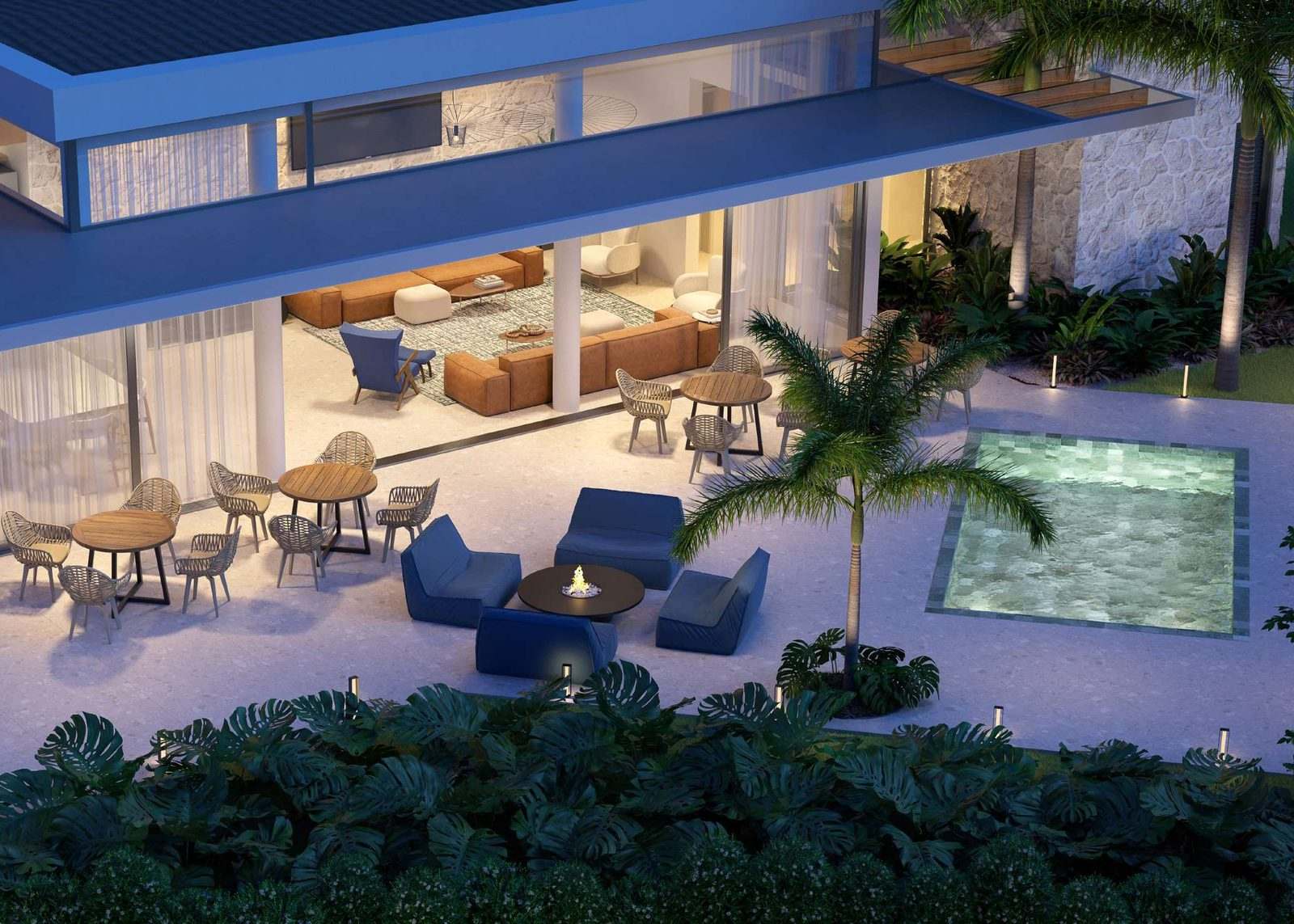 Perspectiva ilustrada da Casa de Campo iluminada à noite, com piscina e espelho d'água