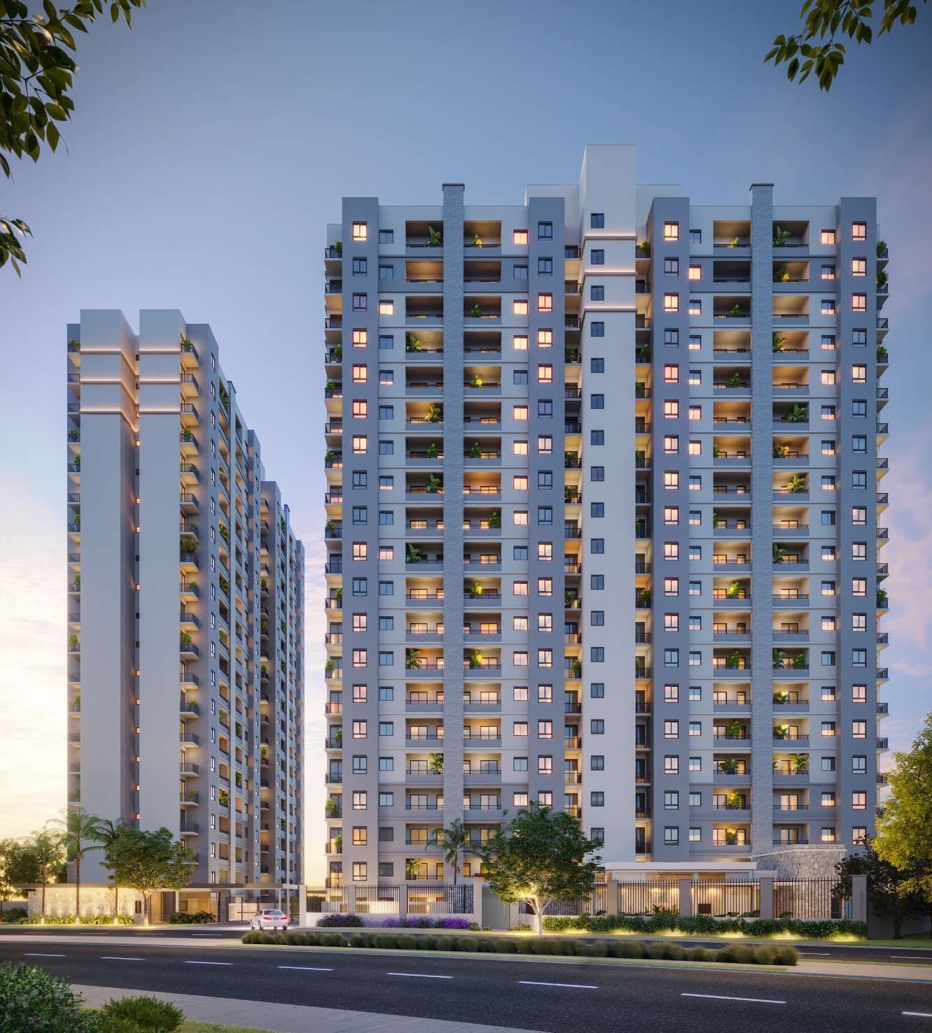 Perspectiva ilustrada das duas torres do Artemis Residencial ao entardecer