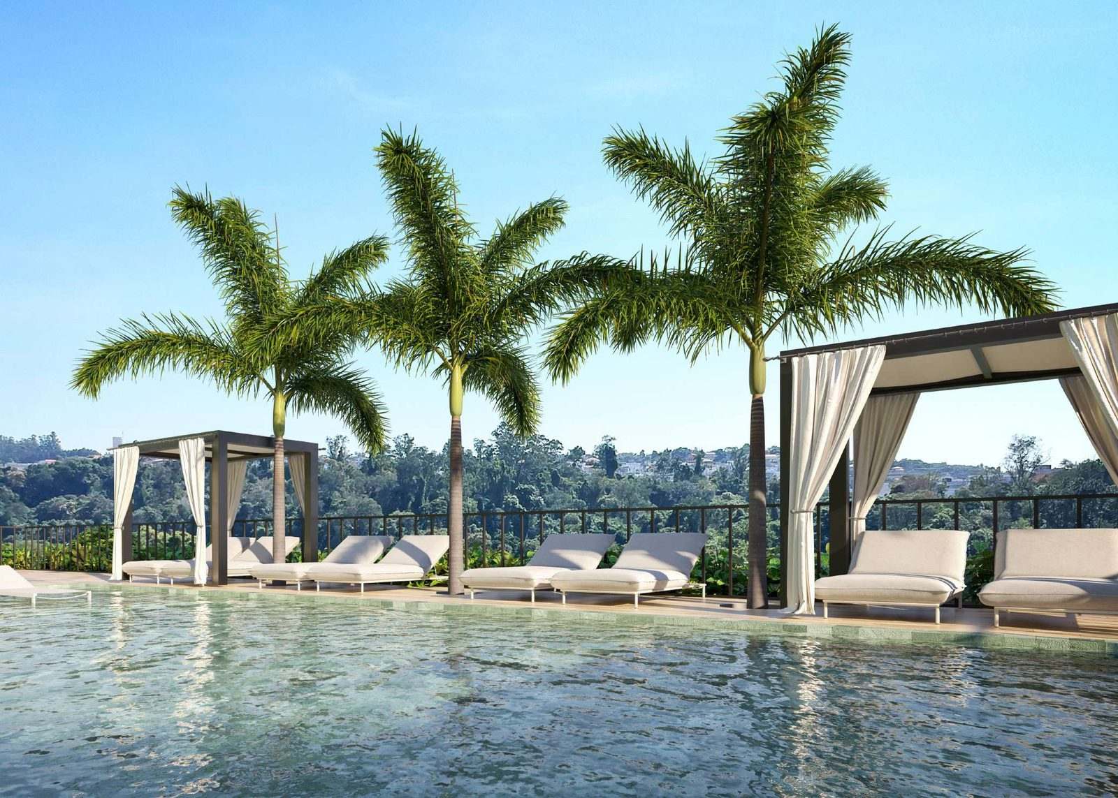 Perspectiva ilustrada da piscina com coqueiros e cabanas