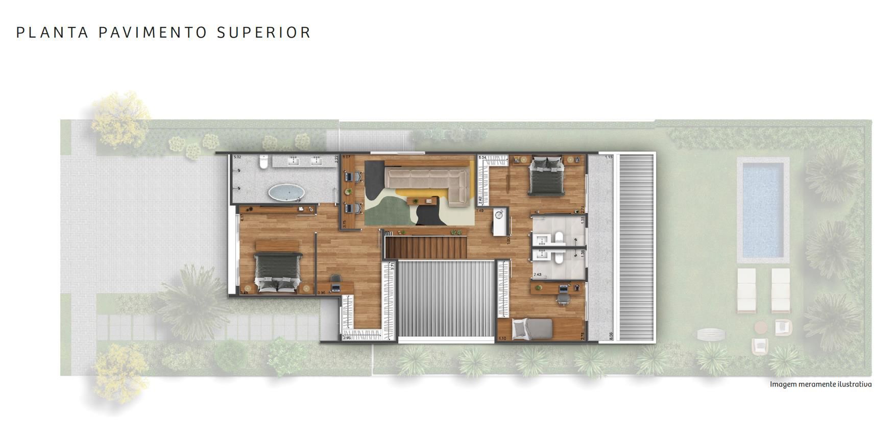 Planta ilustrativa do pavimento superior da Casa Amazônia, com 3 suítes