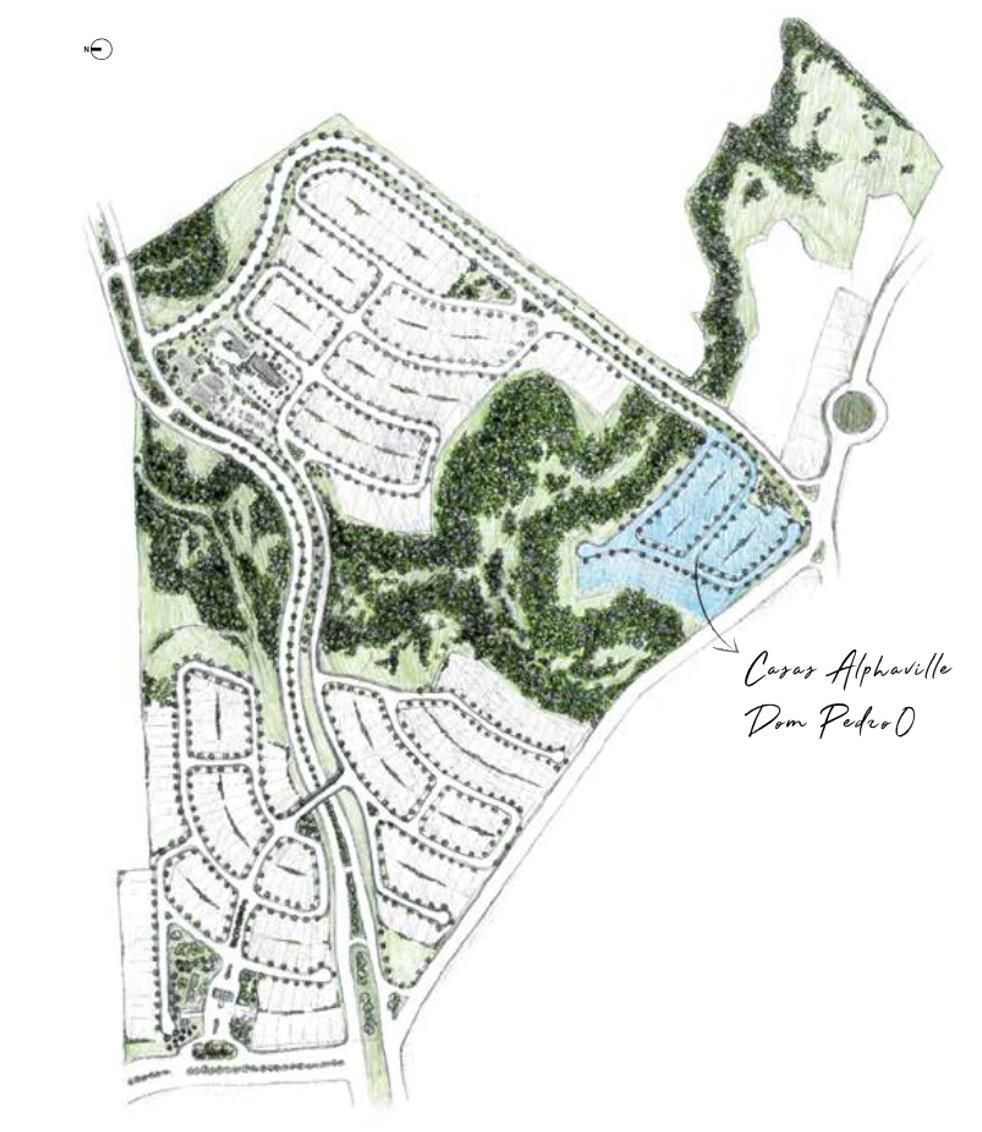 Implantação ilustrada do residencial Alphaville Dom Pedro 0 com a área das casas destacada em azul