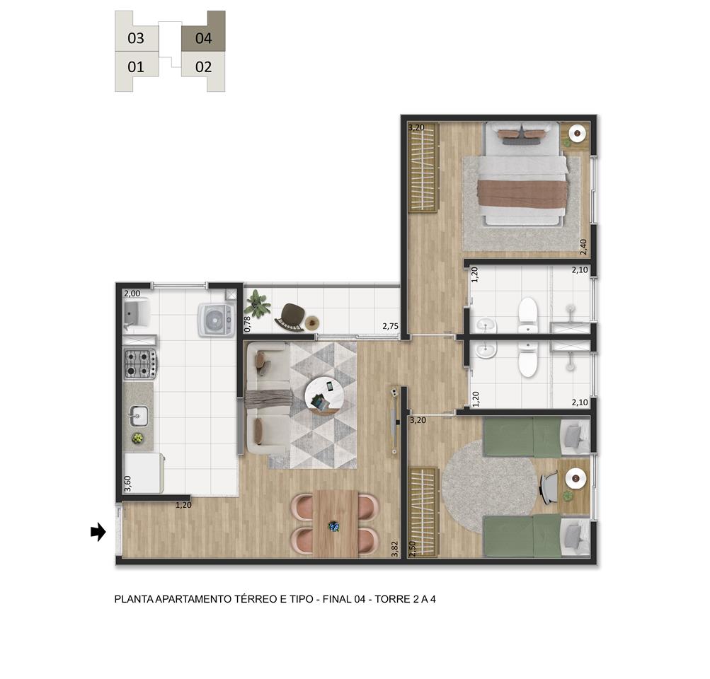 Planta apartamento Gran Vic Colibri 2 dormitórios com suíte Indaiatuba