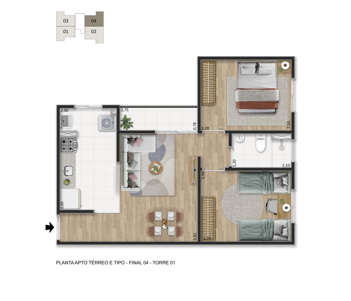 Planta apartamento Gran Vic Tangará 2 dormitórios Indaiatuba