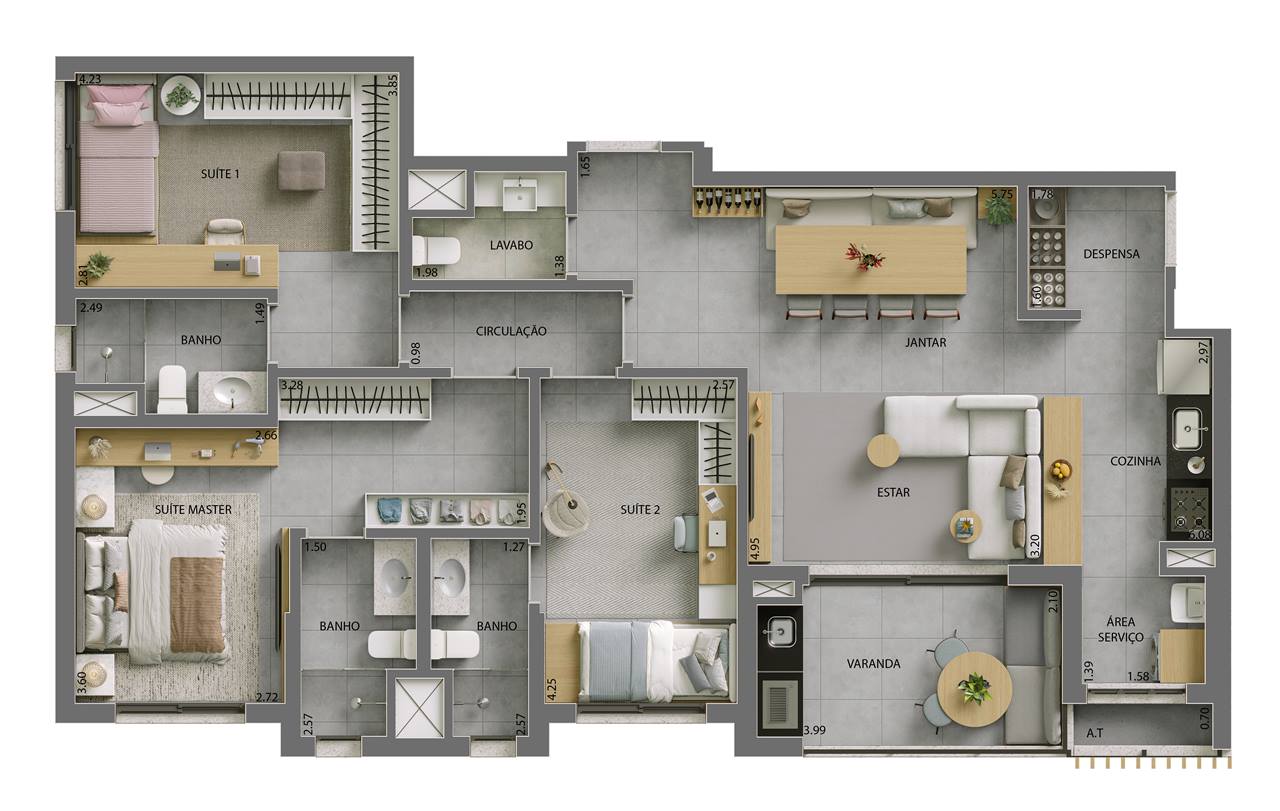 Planta apartamento Hélade 3 suítes 120m² Park Meraki Indaiatuba