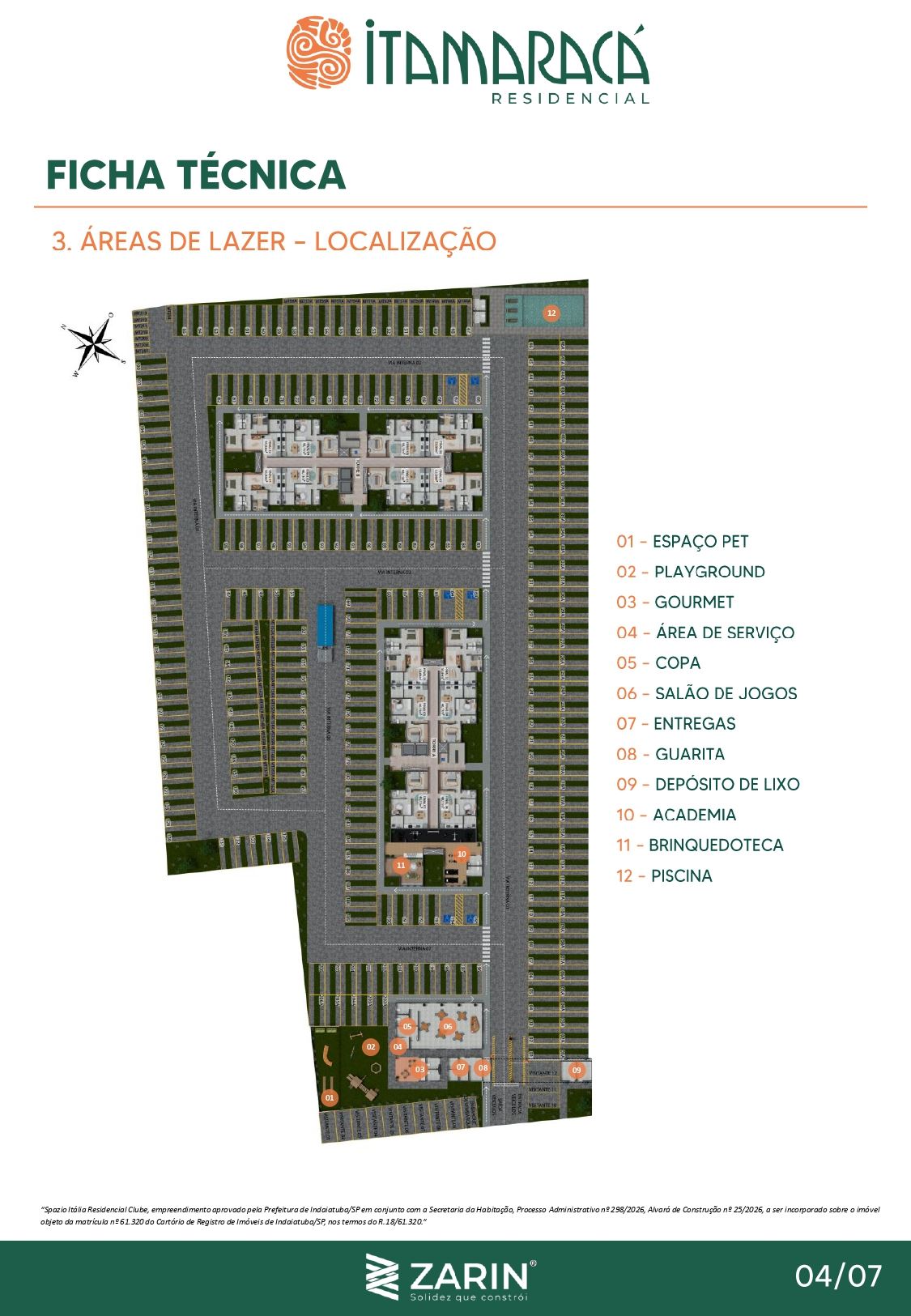 Implantação Itamaracá Residencial com 12 áreas de lazer numeradas