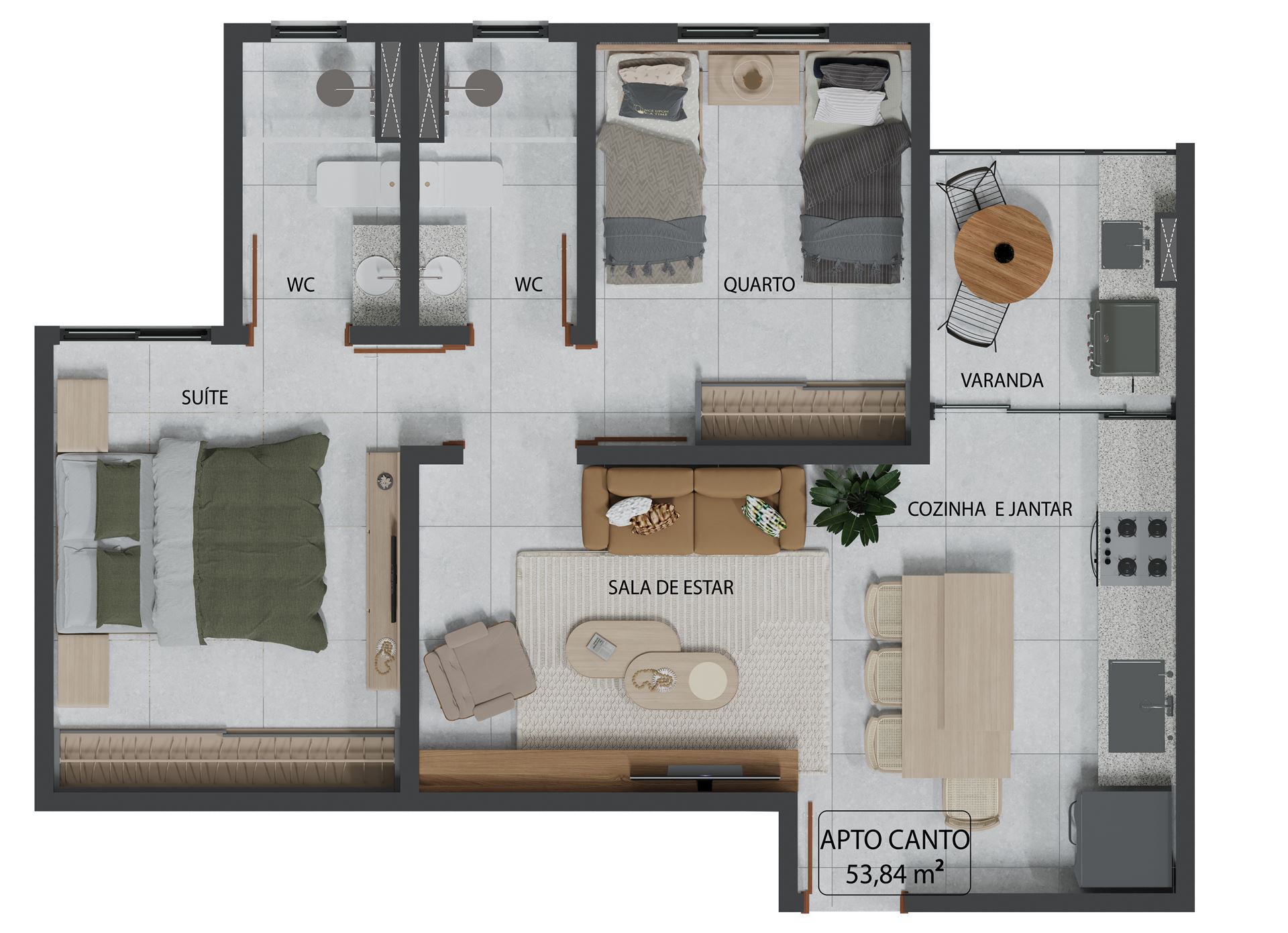 Planta Canto Itamaracá 53,84 m² — 1 suíte + 1 dormitório ilustrada