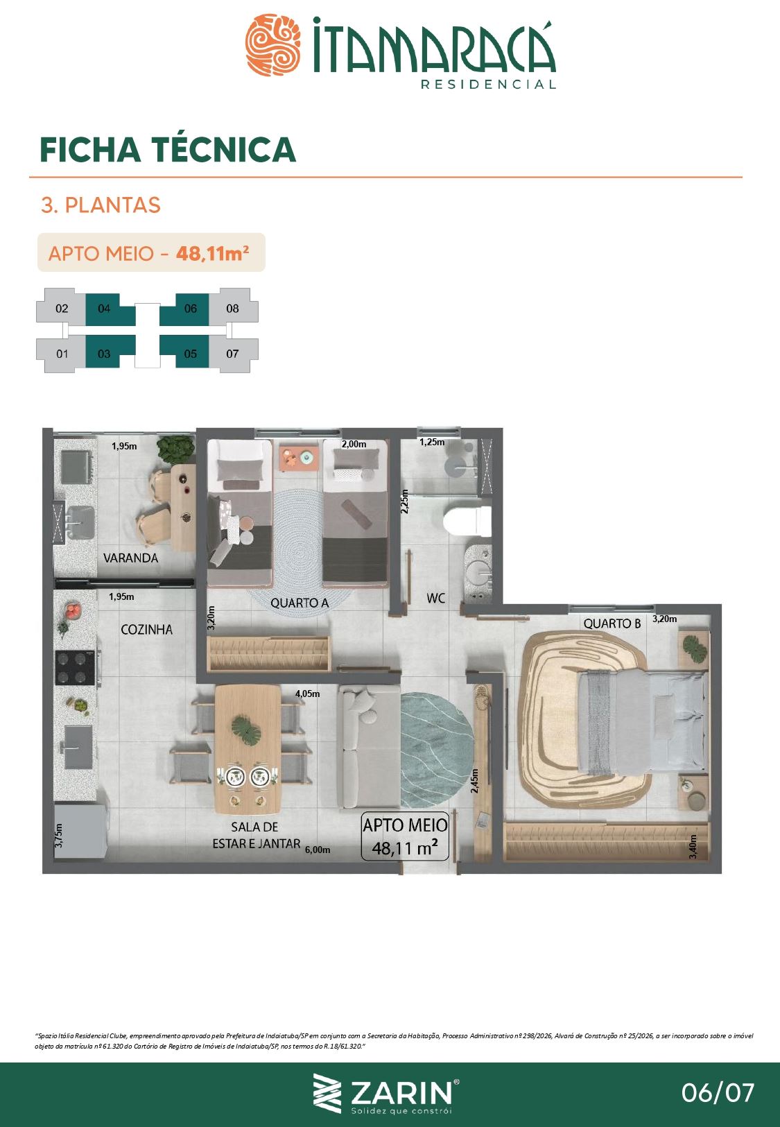 Planta Meio Itamaracá 48,11 m² — 2 dormitórios com varanda