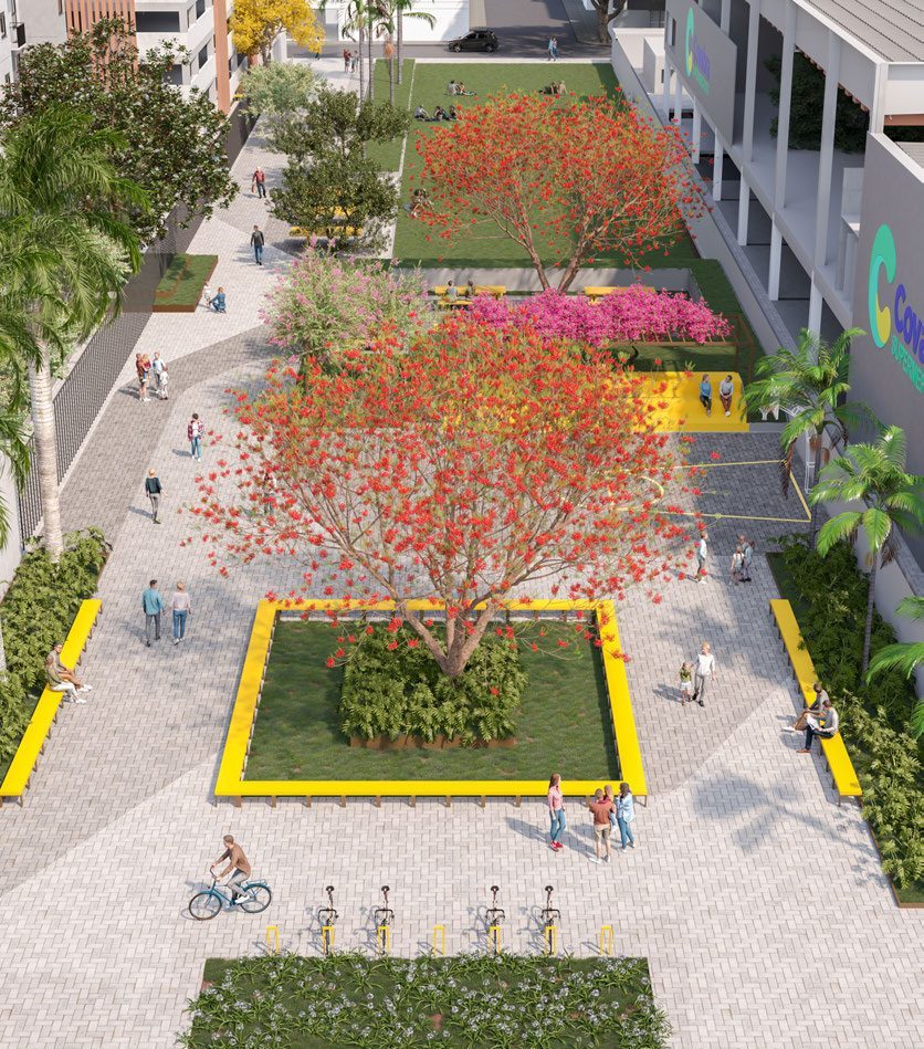 Perspectiva ilustrada do boulevard do Izzi Residence visto do alto, com jardins e ciclistas