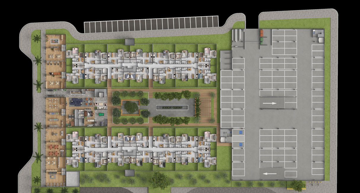 Implantação ilustrada do Izzi Residence com as duas torres, o boulevard e o estacionamento