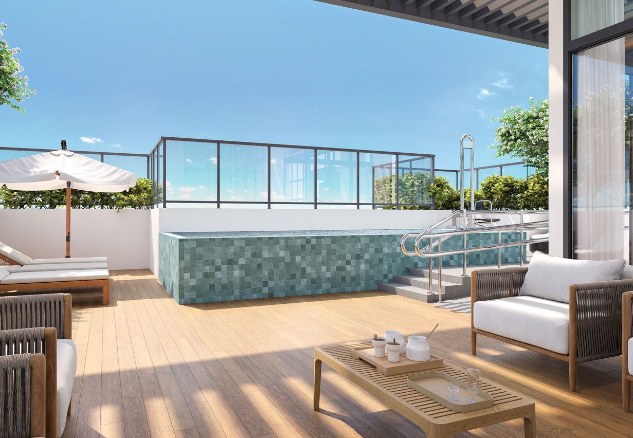 Perspectiva ilustrada da piscina no rooftop do Izzi Residence com vista da cidade
