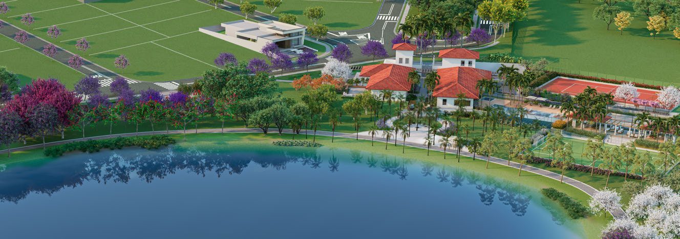Perspectiva ilustrada do lago do Lagos de Helvetia com o clube ao fundo