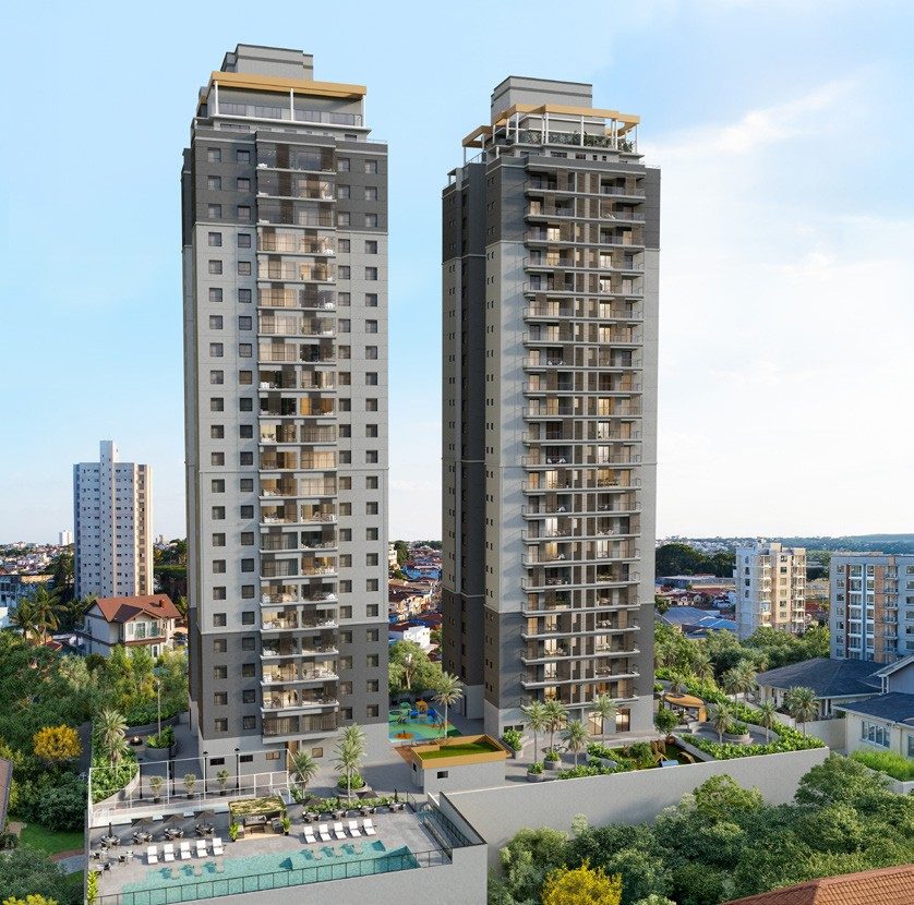 Perspectiva ilustrada das duas torres do Lina Residence de dia, com a piscina do mezanino em primeiro plano