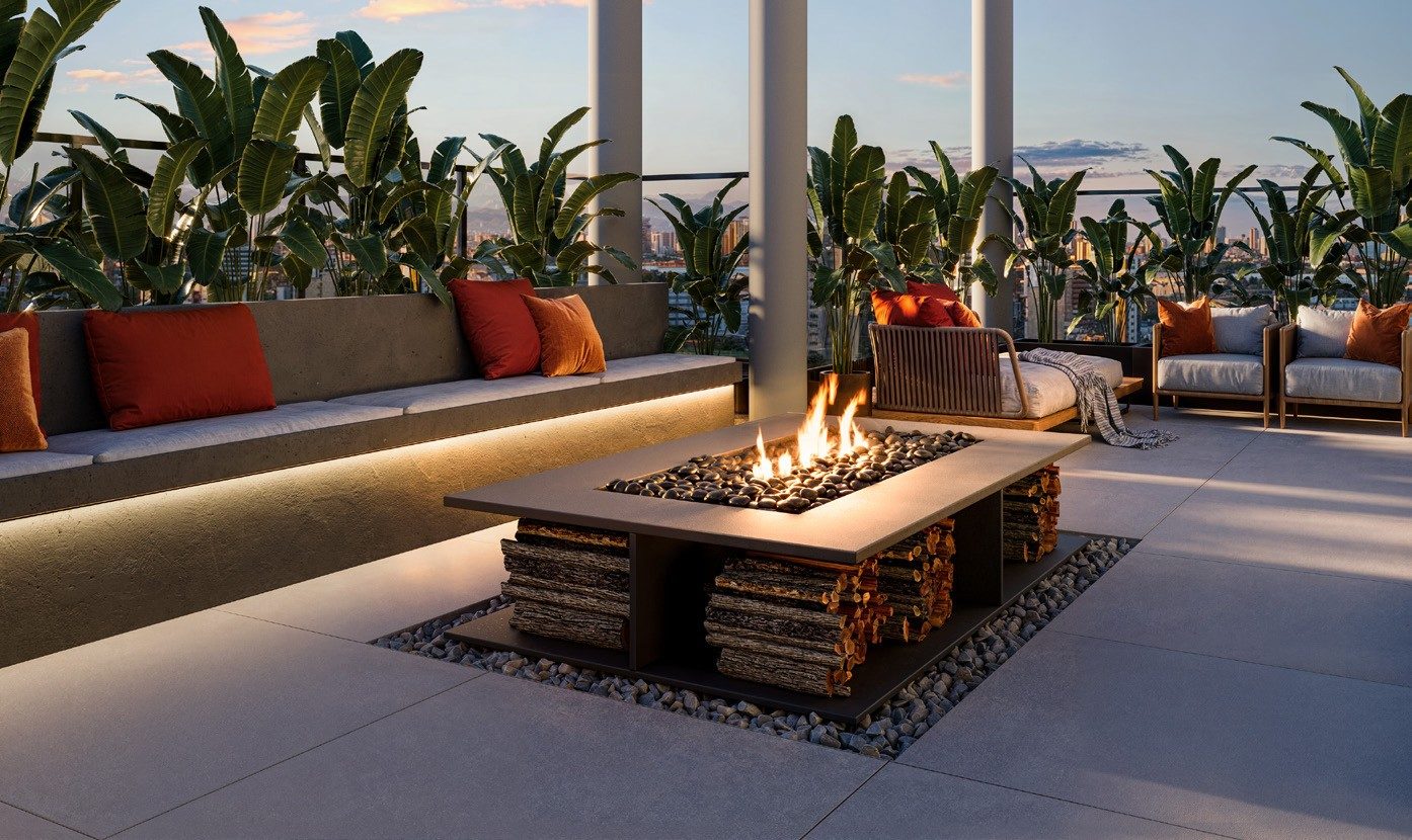 Perspectiva ilustrada do fireplace no rooftop ao entardecer, com banco estofado, poltronas e plantas