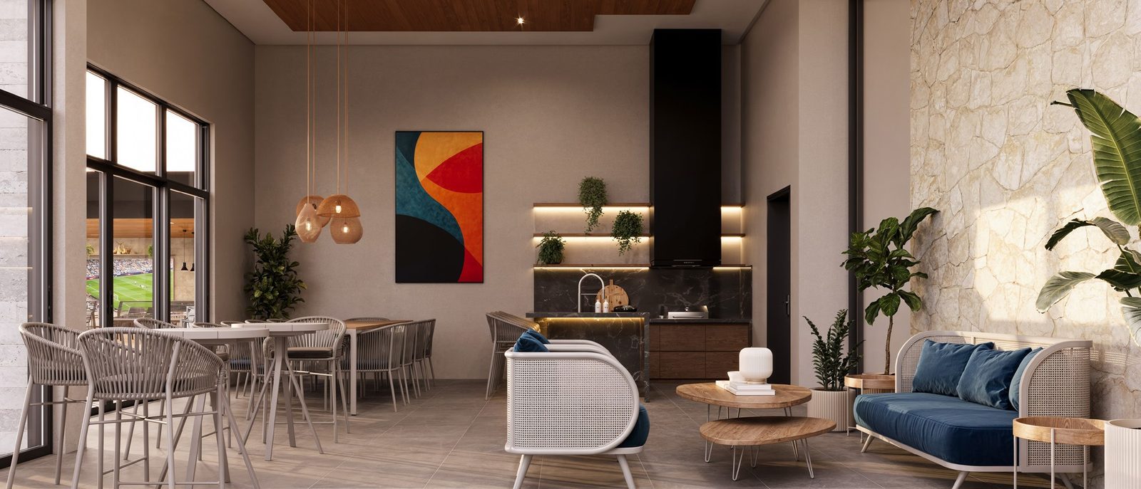 Perspectiva ilustrada da área gourmet com mesas, sofá azul, poltrona e bancada com coifa