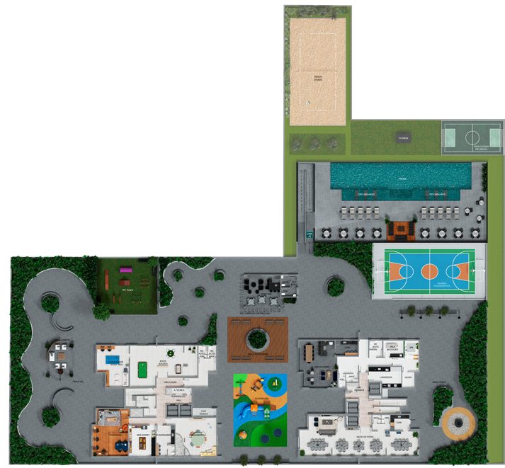 Planta ilustrada da implantação do lazer do Lina Residence, com quadra de areia, mini quadra de grama, piscina, quadra poliesportiva, playground e salões