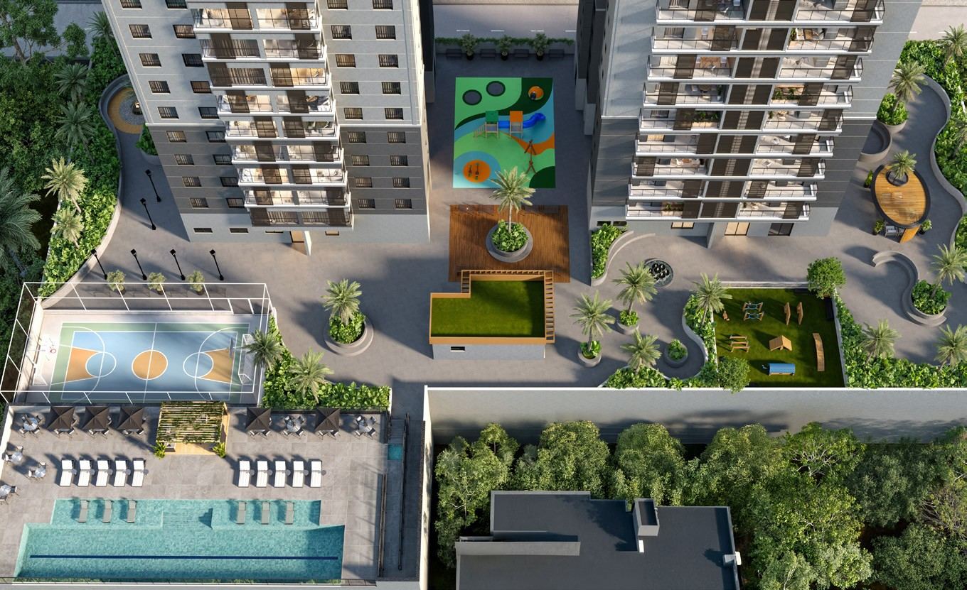 Perspectiva ilustrada vista do alto do mezanino do Lina Residence, com a quadra poliesportiva e a piscina à esquerda, o playground entre as duas torres e o pet place à direita