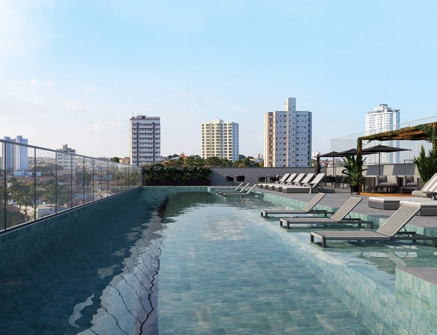 Perspectiva ilustrada da raia da piscina com guarda-corpo de vidro e vista para os prédios da cidade