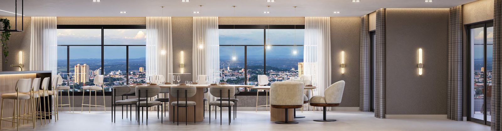 Perspectiva ilustrada do skylounge com mesas de jantar, bancada com banquetas e janelas para a cidade