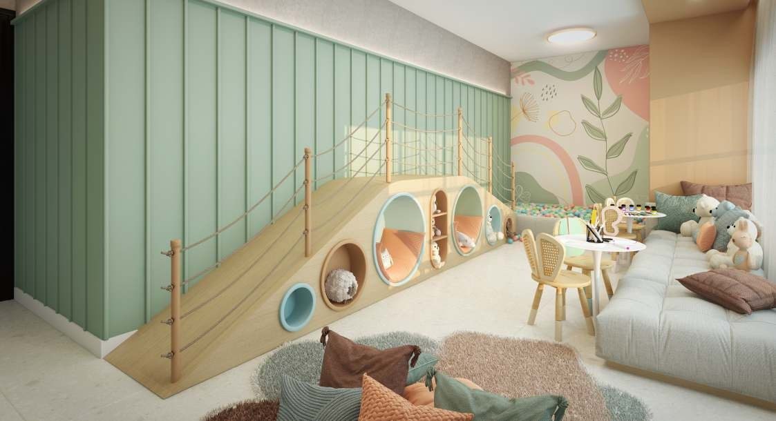 Perspectiva ilustrada do Toy's, espaço infantil com rampa de madeira com nichos, piscina de bolinhas e mesinha com cadeiras pequenas