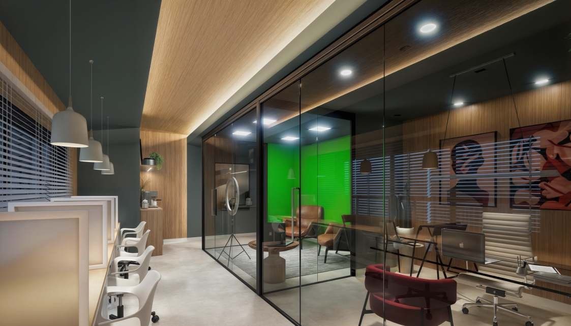Perspectiva ilustrada do Virtual Home Office, com bancadas de trabalho, estúdio com fundo verde e salas envidraçadas