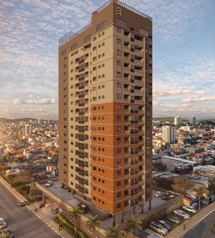 Perspectiva ilustrada do Lumina Residencial de dia, visto do alto, com a fachada em bege e uma faixa de revestimento cor de tijolo, a garagem no térreo e as casas do Centro ao redor