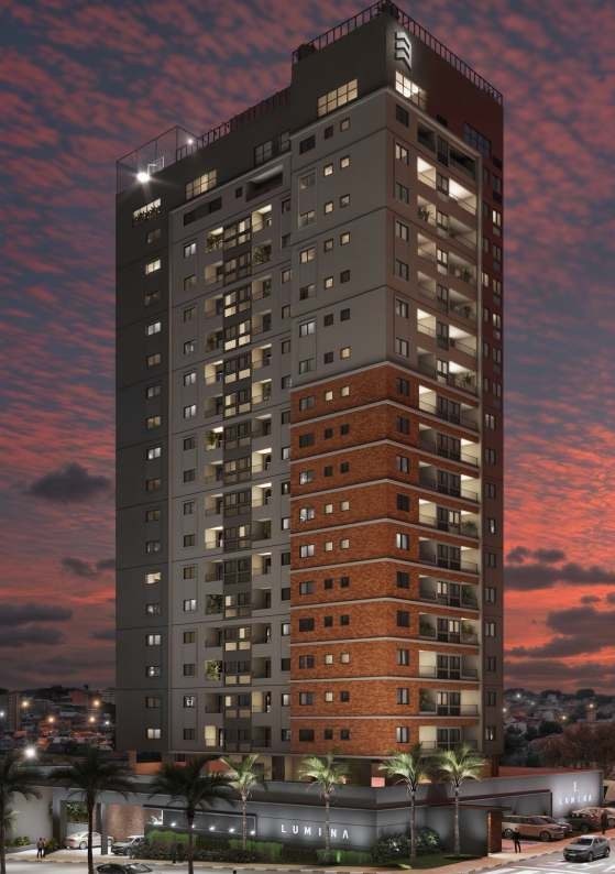 Perspectiva ilustrada da fachada do Lumina Residencial à noite, com as janelas acesas e o letreiro LUMINA no muro do térreo