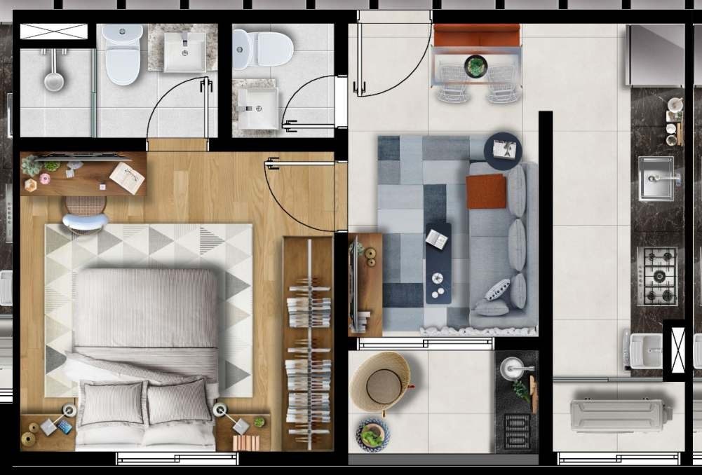 Planta ilustrada do tipo 39 m² do Lumina Residencial, com suíte e banheiro, lavabo, living, cozinha em linha, varanda e área técnica