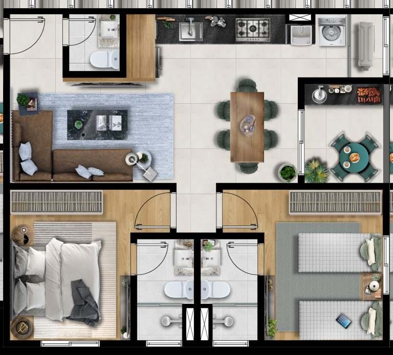Planta ilustrada do tipo 71 m² do Lumina Residencial, com 2 suítes, lavabo, living, mesa de jantar, cozinha com área de serviço e varanda com mesa