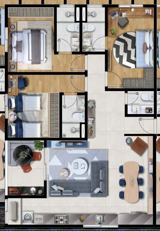 Planta ilustrada do tipo 107 m² do Lumina Residencial, com 3 suítes, lavabo, living, mesa de jantar, cozinha em linha e varanda
