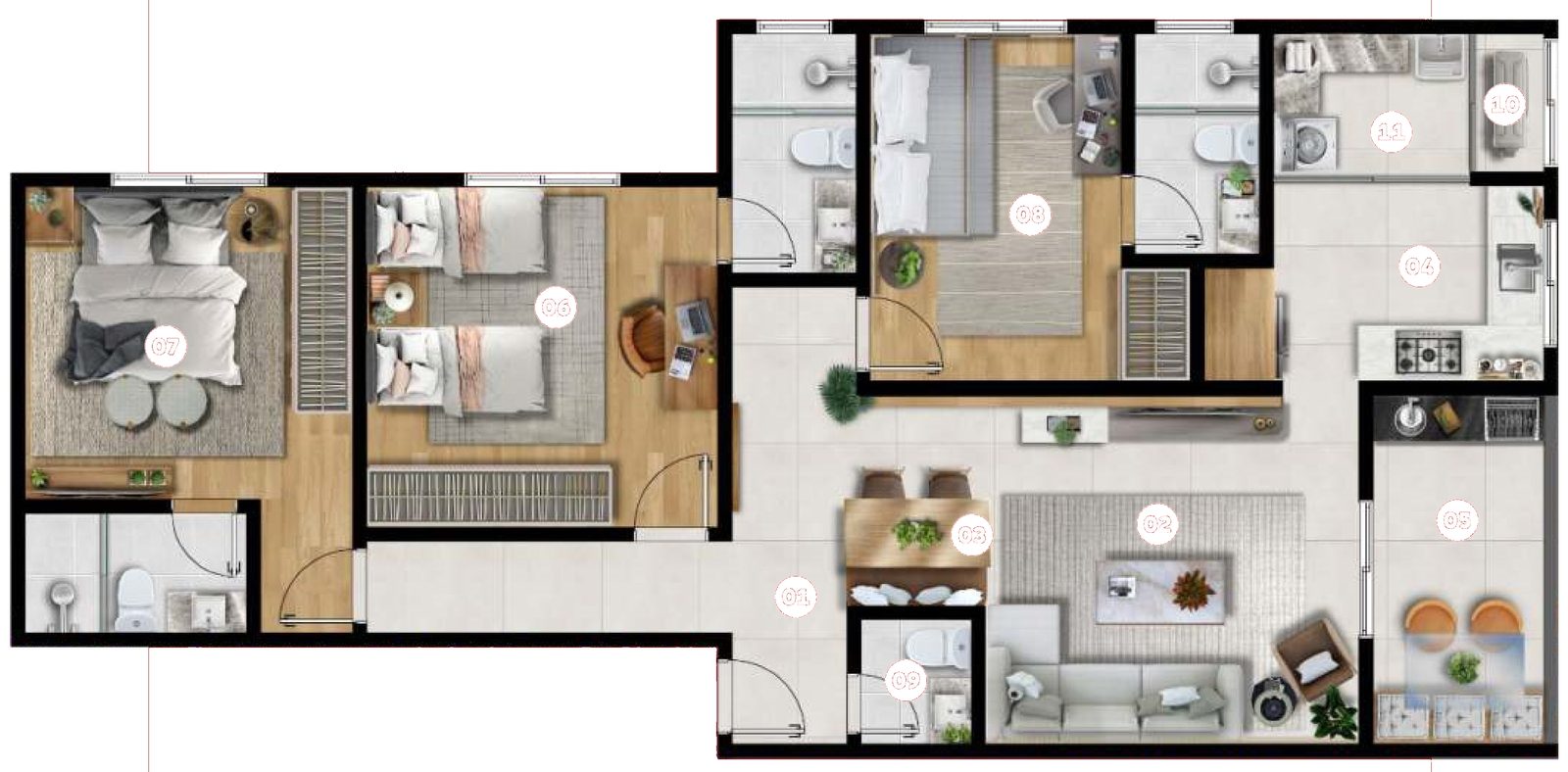 Planta ilustrada do tipo 111 m² do Lumina Residencial, com 3 suítes, lavabo, living, sala de jantar, cozinha e varanda