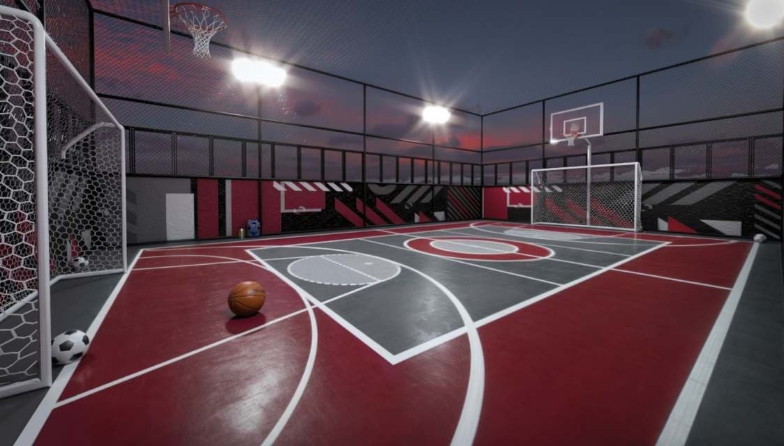 Perspectiva ilustrada da Quadra Multi Sports, com piso vermelho e cinza, tabelas de basquete e traves de futebol, cercada por tela