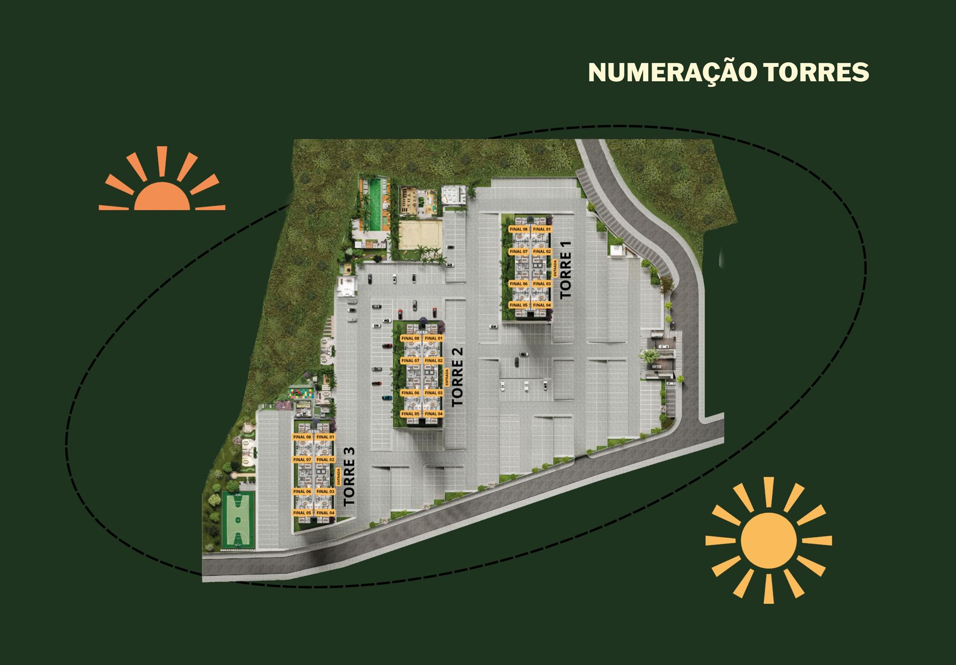 Implantação Manai Bosque — 3 torres com finais numerados